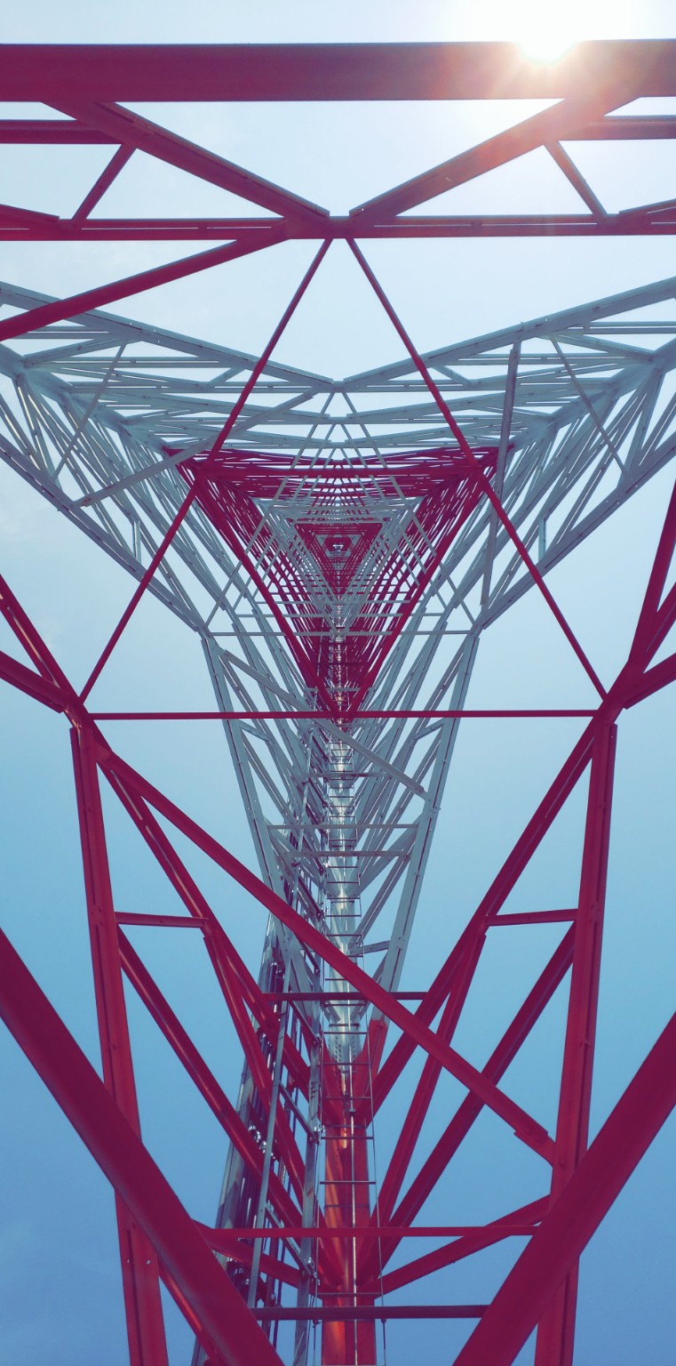 View from high on a guyed communications tower